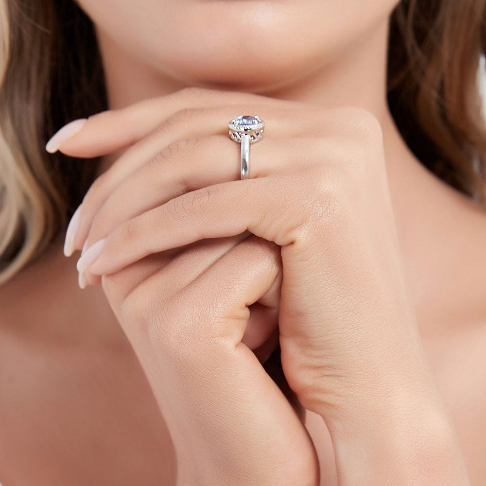 Model wearing Solitaire Purple Aqua Round CZ Ring in Sterling Silver 1.25ct, 3 of 9