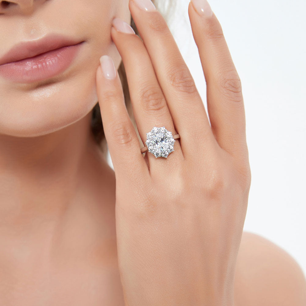 Model wearing Flower Halo CZ Statement Ring in Sterling Silver, 2 of 9
