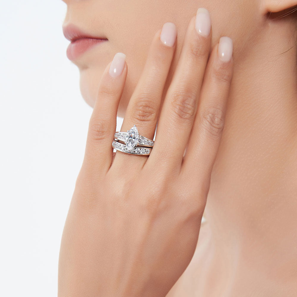 Model wearing Solitaire 1.6ct Marquise CZ Ring Set in Sterling Silver, 6 of 19