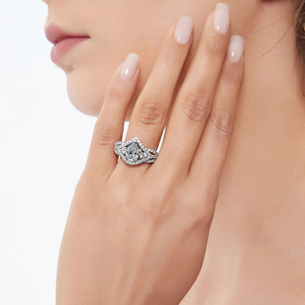 Model wearing Woven 3-Stone 1.3ct CZ Ring in Sterling Silver, 3 of 9