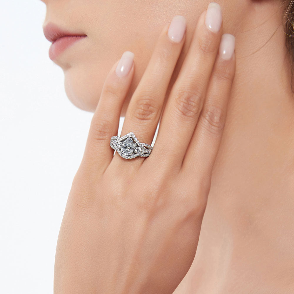 Model wearing 3-Stone Woven Pear CZ Ring Set in Sterling Silver, 10 of 16
