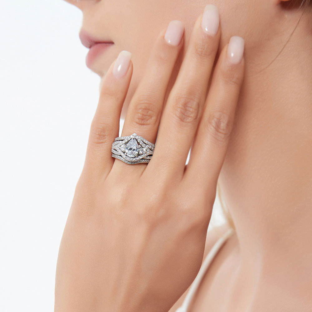 Model wearing 3-Stone Woven Pear CZ Ring Set in Sterling Silver, 5 of 16