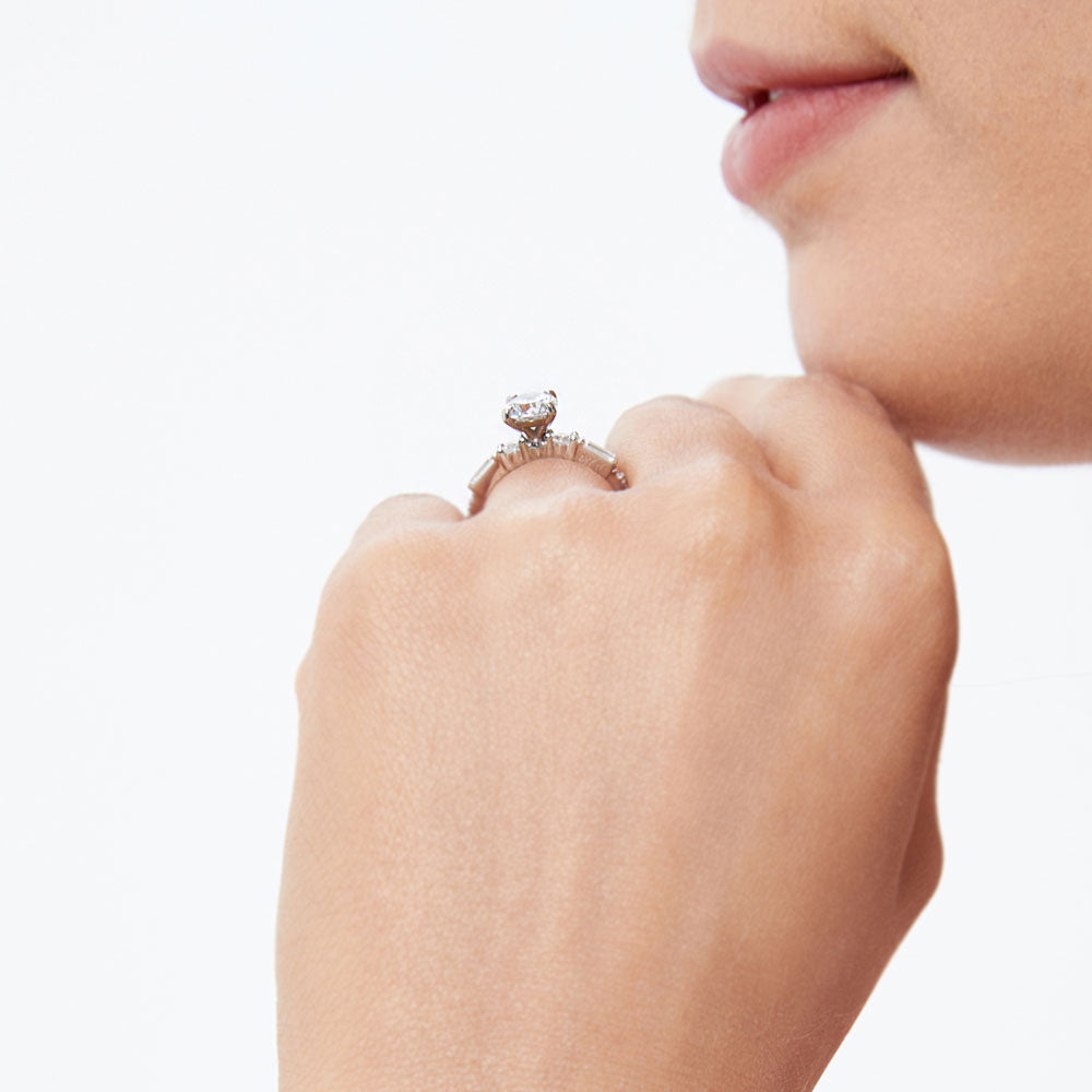Model wearing Solitaire Art Deco 1ct Round CZ Ring in Sterling Silver, 7 of 9