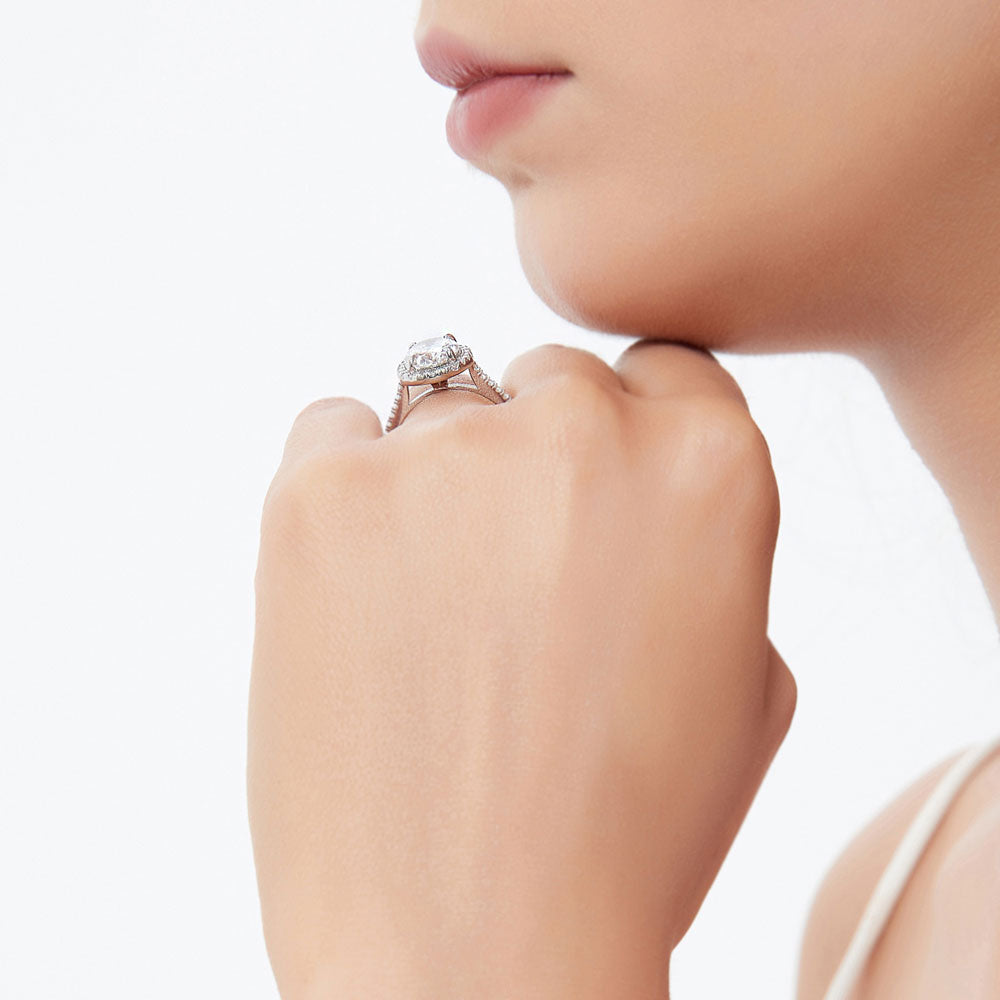 Model wearing Halo Oval CZ Ring Set in Sterling Silver, 12 of 18
