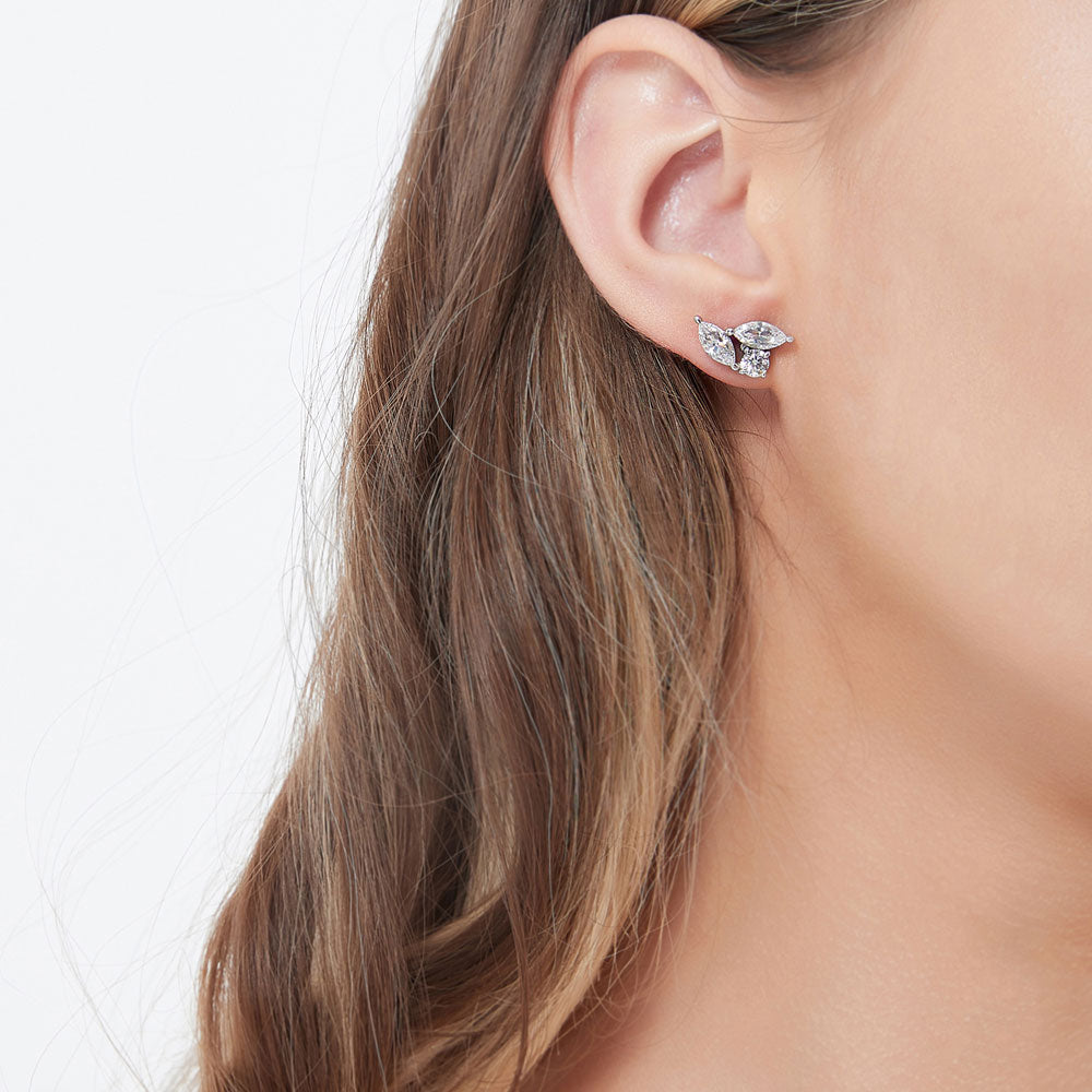 Model wearing 3-Stone Cluster Marquise CZ Stud Earrings in Sterling Silver, 2 of 4