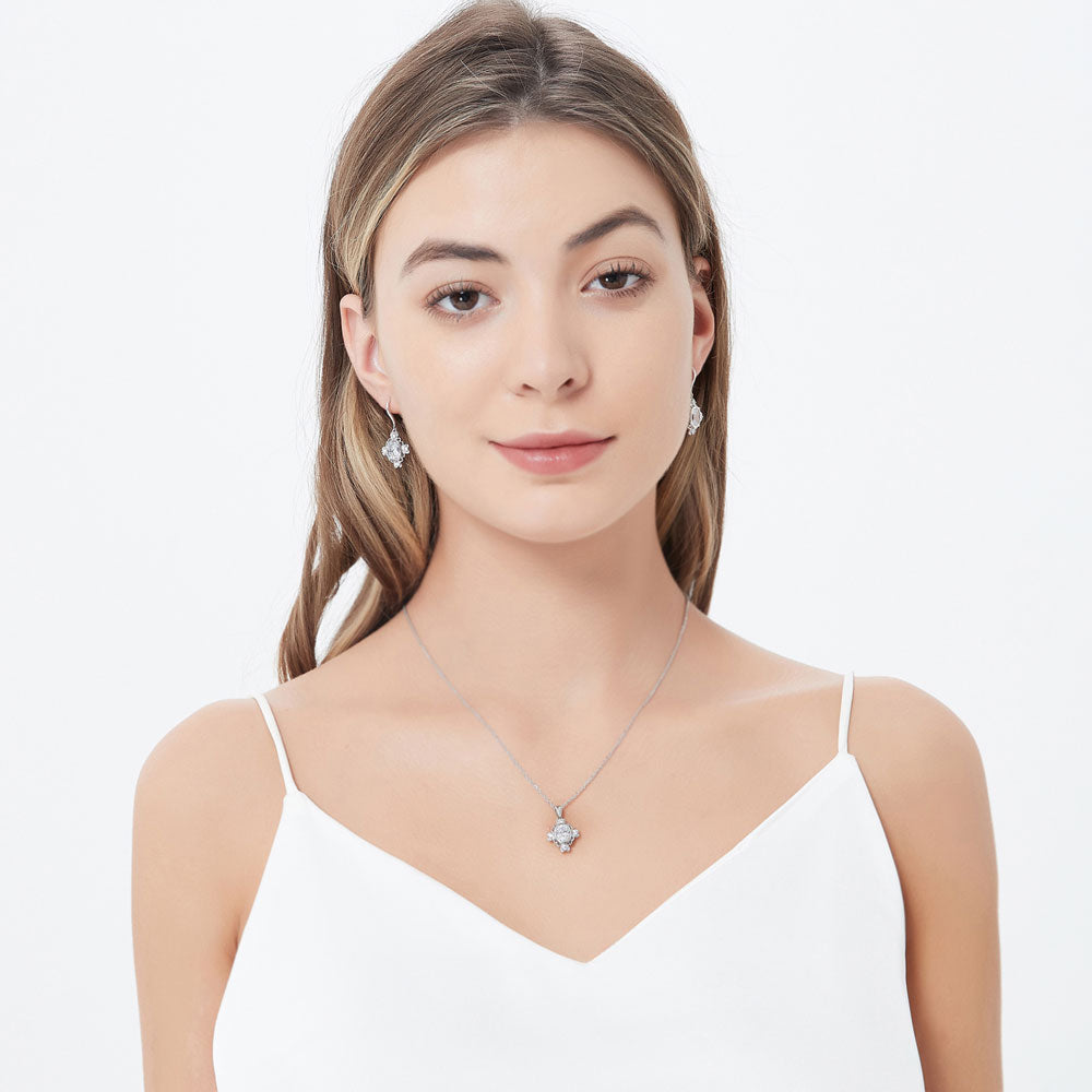 Flower Art Deco CZ Fish Hook Earrings in Sterling Silver