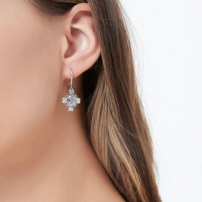 Flower Art Deco CZ Fish Hook Earrings in Sterling Silver