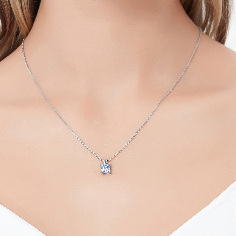 Solitaire Greyish Blue Princess CZ Necklace in Sterling Silver 1.2ct