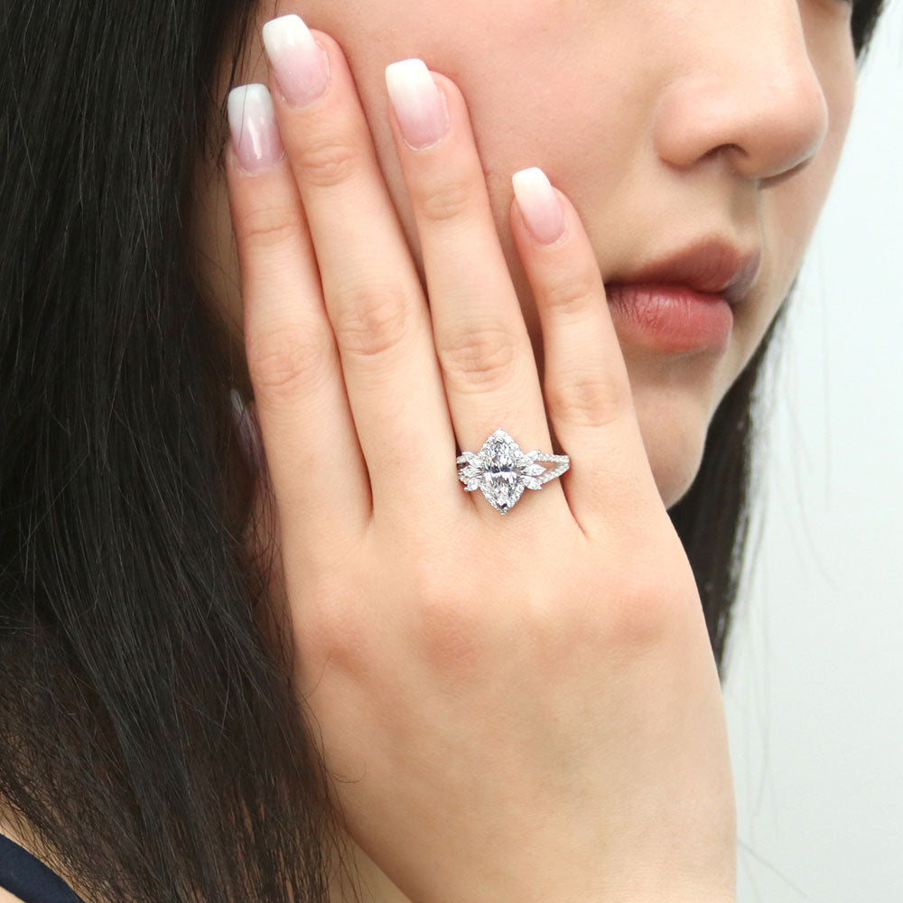 Model wearing Halo Flower Marquise CZ Split Shank Ring in Sterling Silver, 7 of 13