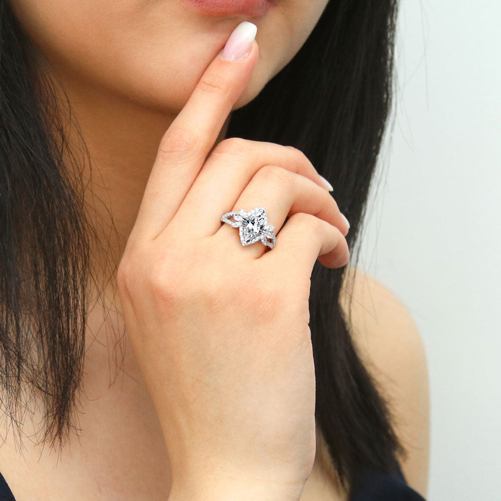 Model wearing Halo Flower Marquise CZ Split Shank Ring in Sterling Silver, 6 of 13