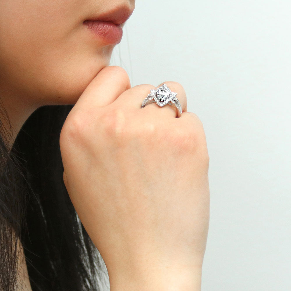 Model wearing Halo Flower Marquise CZ Split Shank Ring in Sterling Silver, 11 of 13