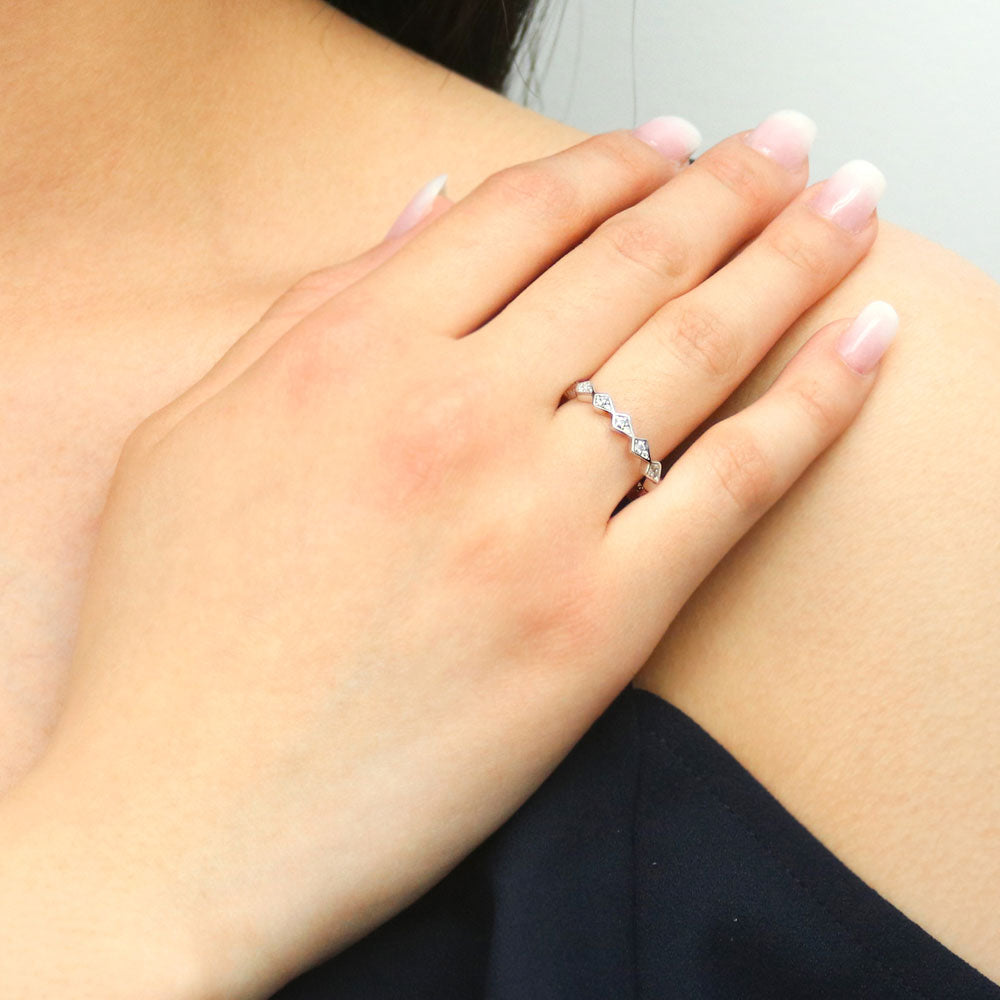 Model wearing Woven Bubble Bezel Set CZ Eternity Ring Set in Sterling Silver