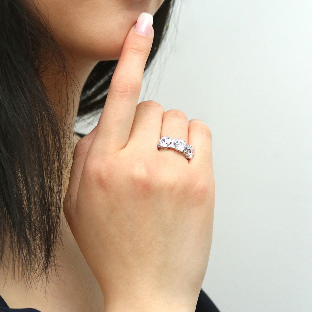 Model wearing 3-Stone Art Deco 2.1ct Oval CZ Ring in Sterling Silver, 8 of 12
