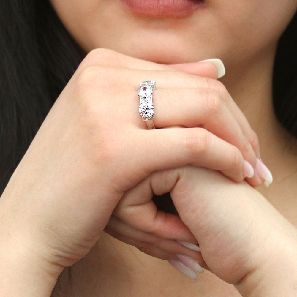 Model wearing 3-Stone Art Deco 2.1ct Oval CZ Ring in Sterling Silver, 11 of 12