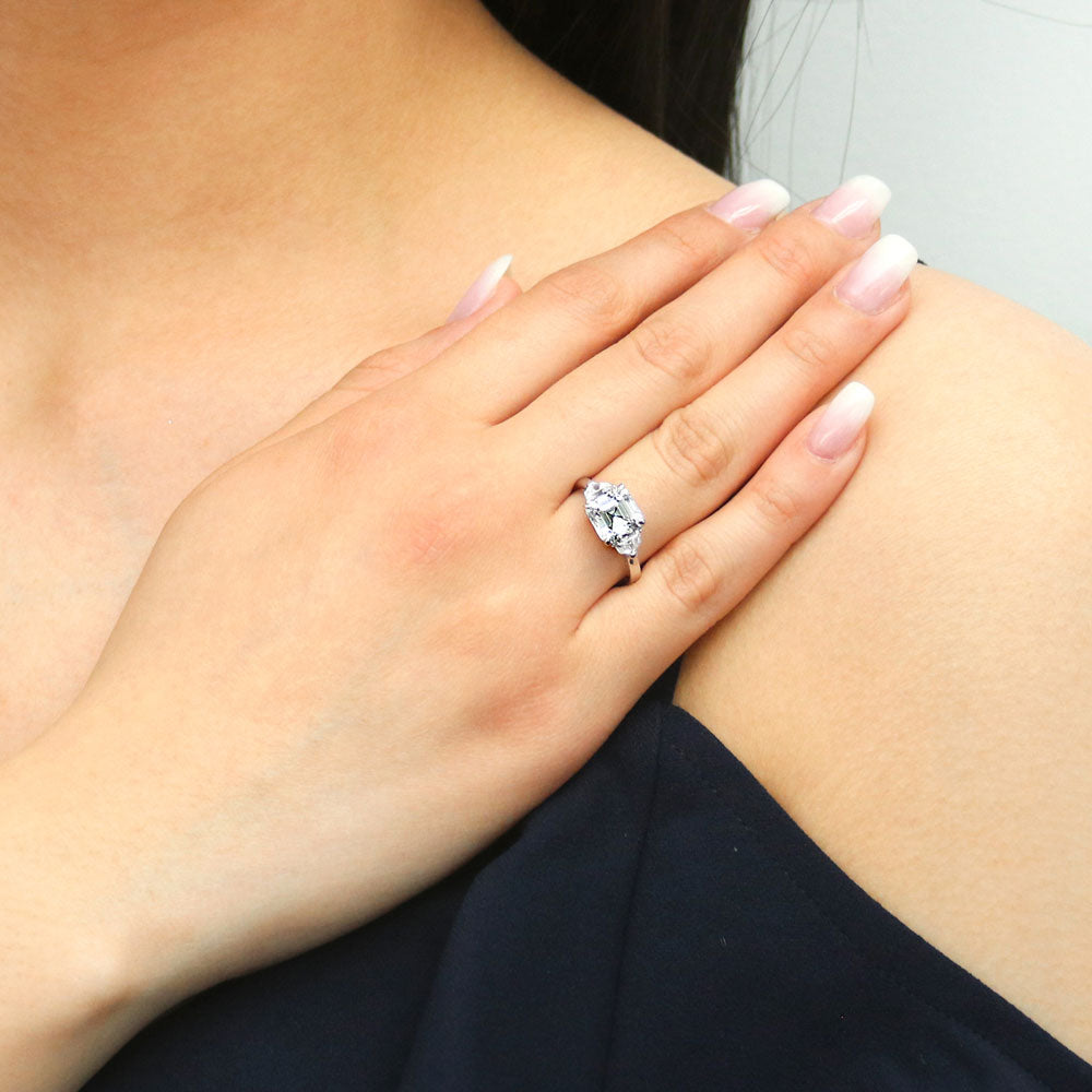 Model wearing 3-Stone Asscher CZ Ring in Sterling Silver, 5 of 10