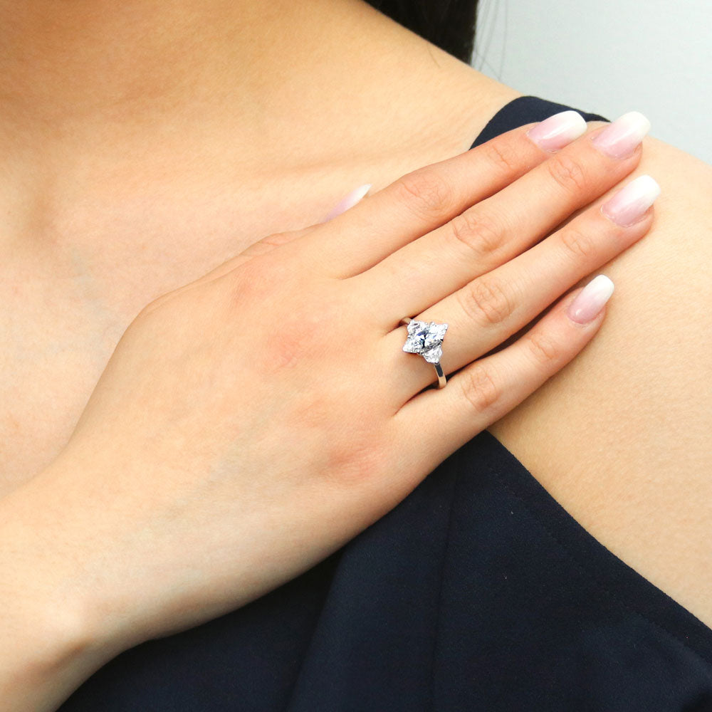 Model wearing 3-Stone Marquise CZ Ring in Sterling Silver, 3 of 9