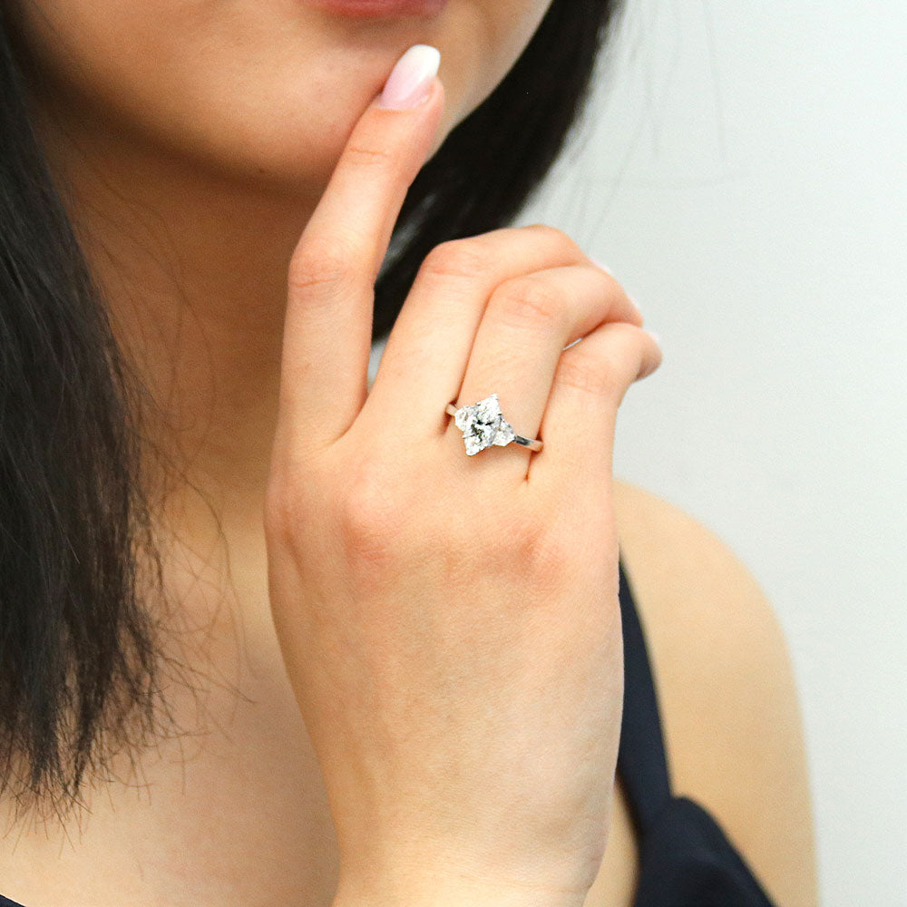 Model wearing 3-Stone 1.6ct Marquise CZ Ring in Sterling Silver, 2 of 9