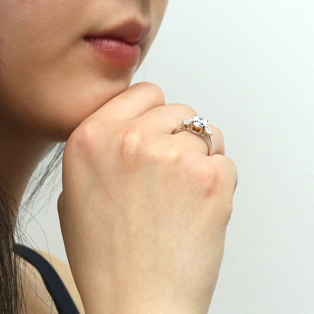 Model wearing 3-Stone Oval CZ Ring in Sterling Silver, 6 of 9