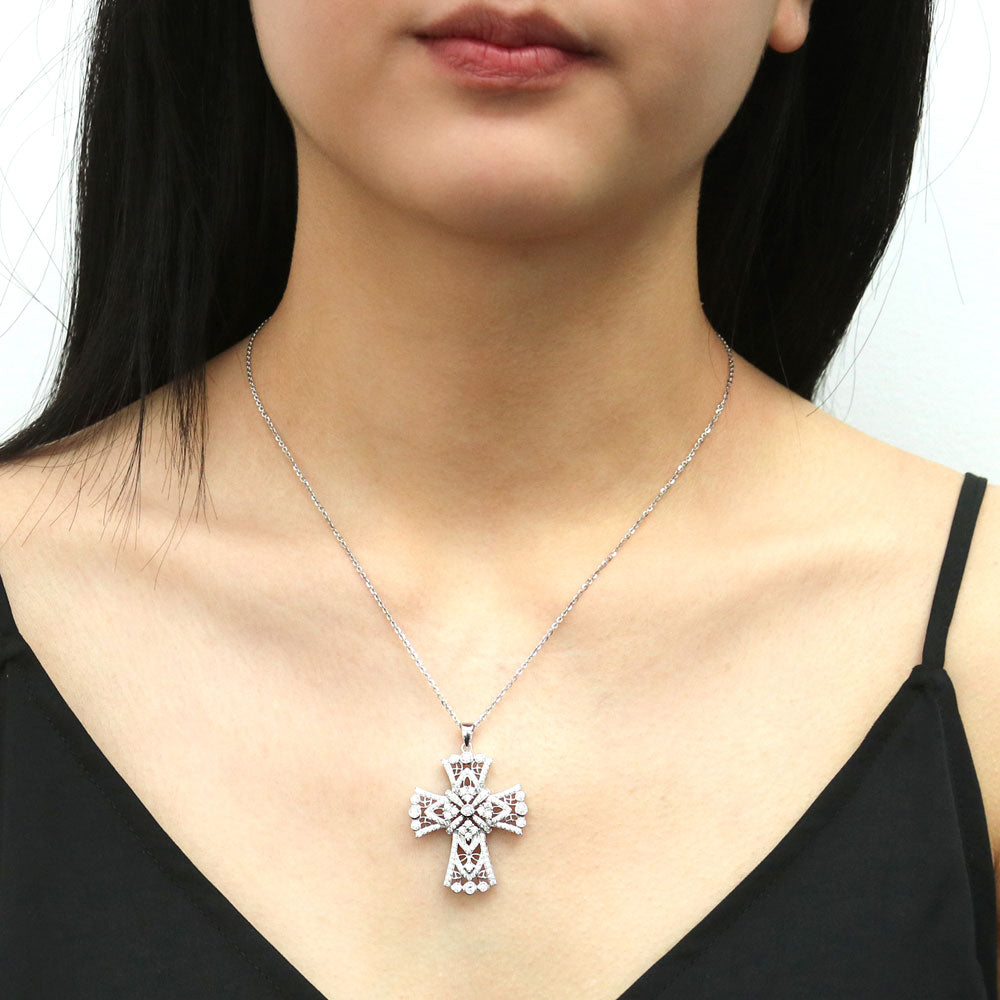 Model wearing Cross CZ Pendant Necklace in Sterling Silver, 2 of 6