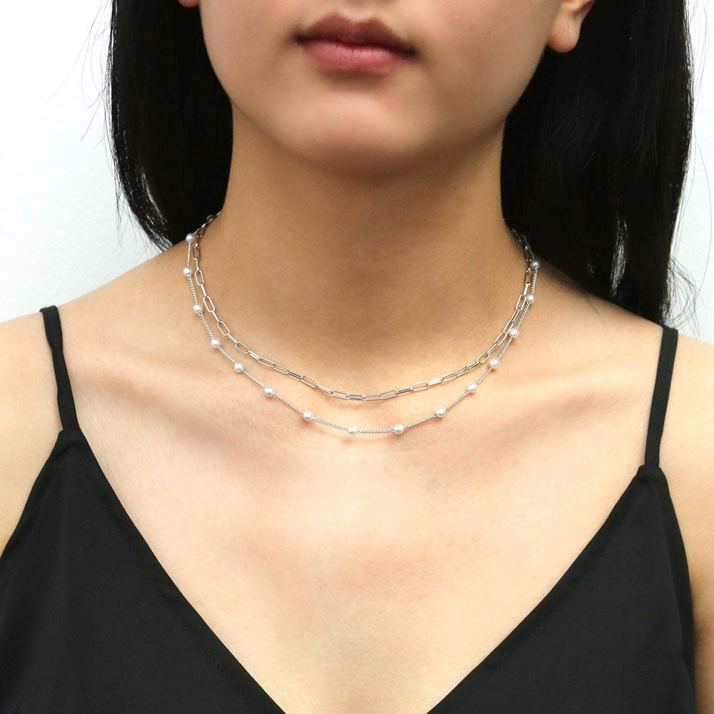 Model wearing Paperclip Imitation Pearl Chain Necklace in Silver-Tone, 2 Piece, 2 of 17
