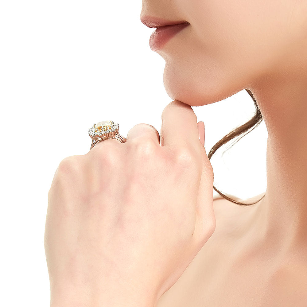 Model wearing Halo Yellow Cushion CZ Ring in Sterling Silver, 9 of 10
