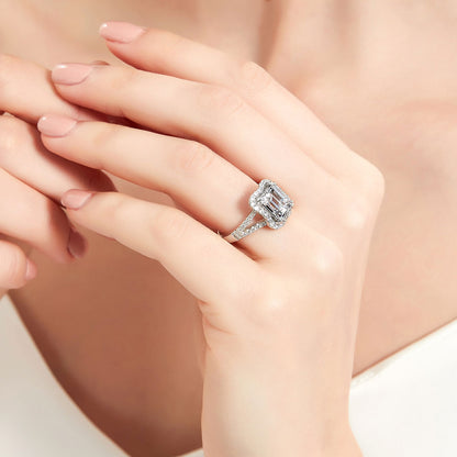 Halo Woven Emerald Cut CZ Split Shank Ring in Sterling Silver