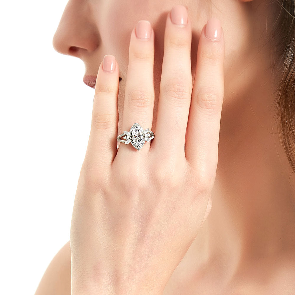 Model wearing Halo Flower Marquise CZ Split Shank Ring in Sterling Silver, 3 of 13