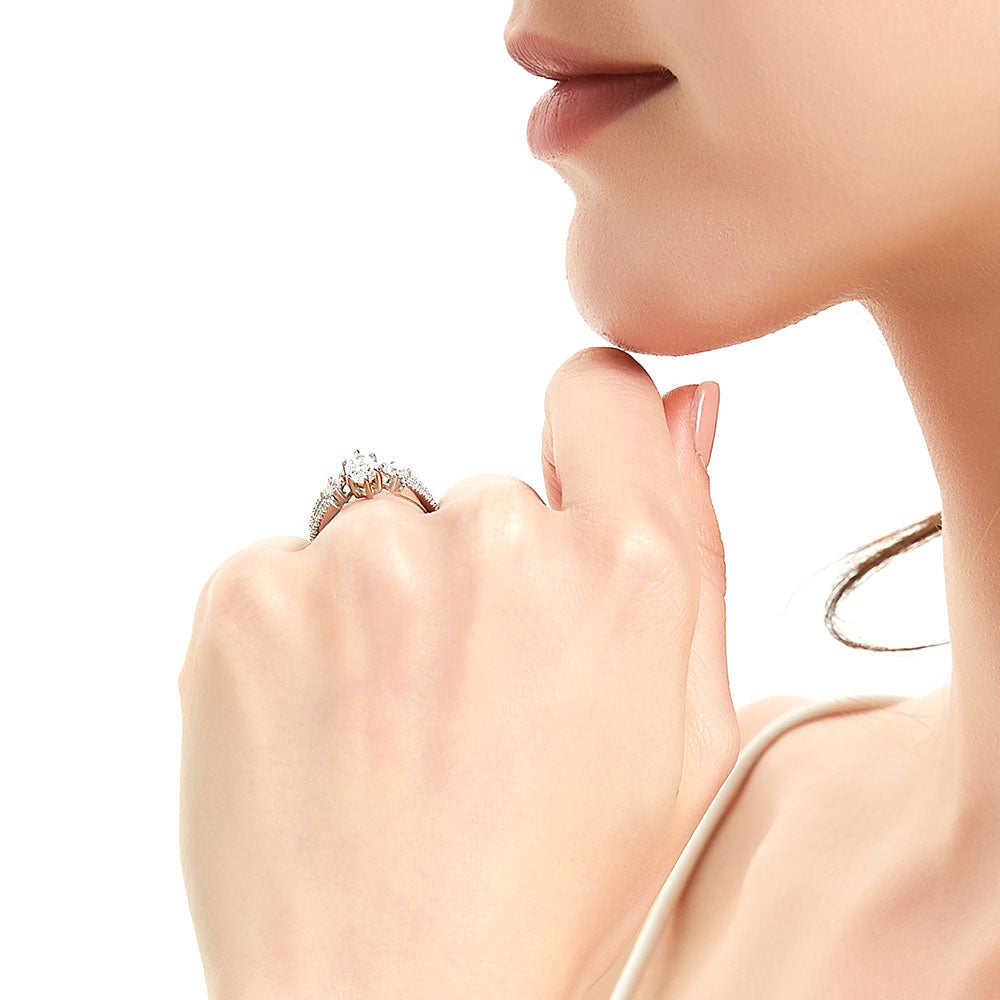 Model wearing 3-Stone Marquise CZ Split Shank Ring in Sterling Silver, 7 of 9