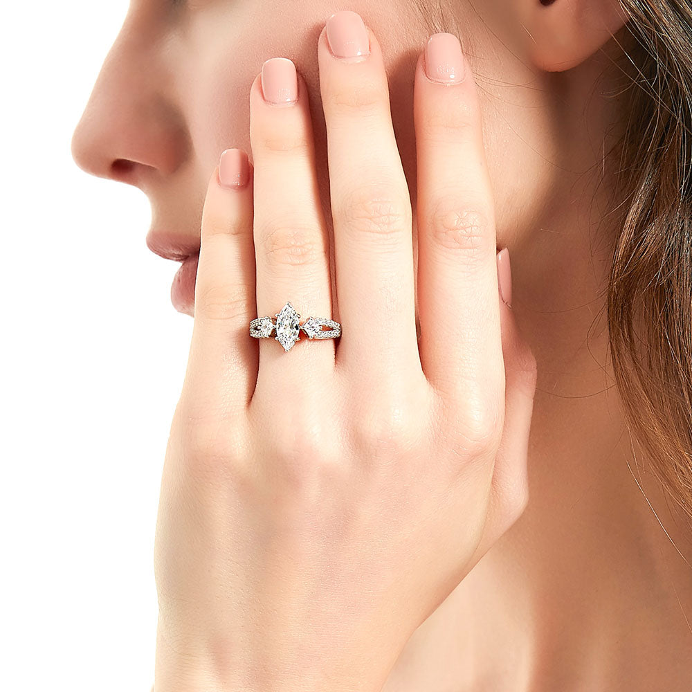 Model wearing 3-Stone 1ct Marquise CZ Split Shank Ring in Sterling Silver, 2 of 9