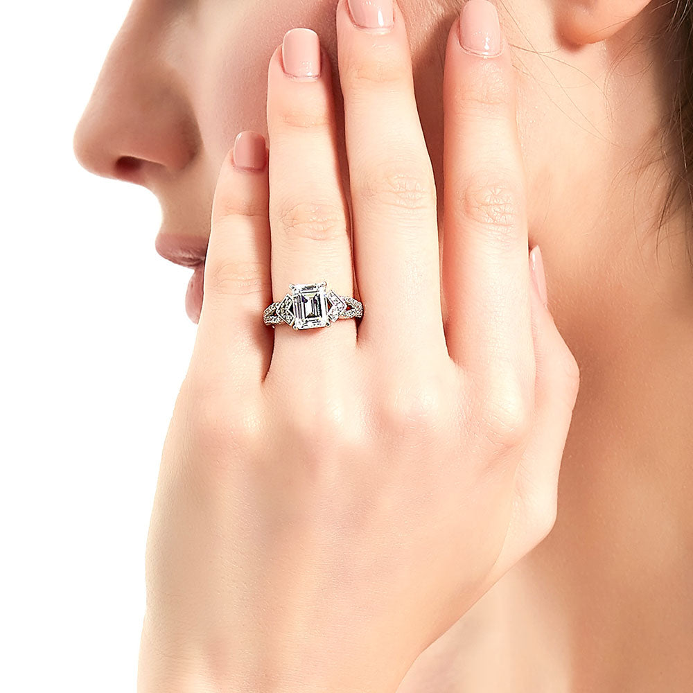 Model wearing Arrow CZ Split Shank Ring in Sterling Silver, 3 of 9