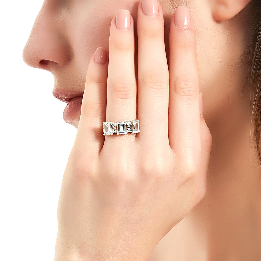 Model wearing 3-Stone Art Deco 3ct Emerald Cut CZ Ring in Sterling Silver, 3 of 9