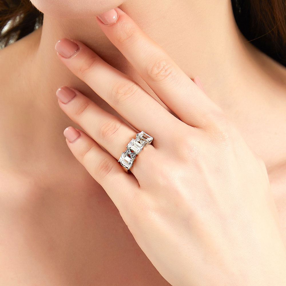 Model wearing 3-Stone Art Deco Emerald Cut CZ Statement Ring in Sterling Silver, 2 of 9