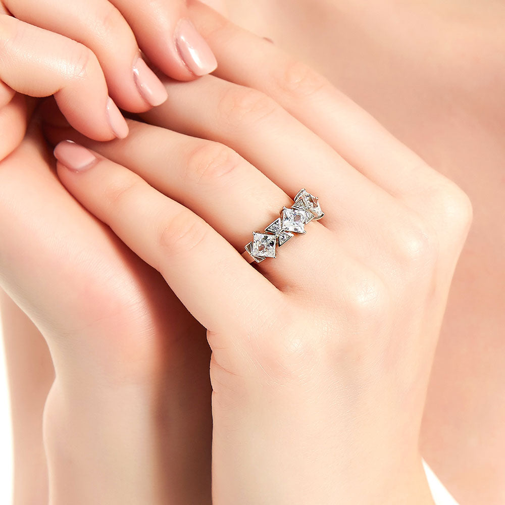 Model wearing 3-Stone Art Deco 2.1ct Princess CZ Ring in Sterling Silver, 6 of 11