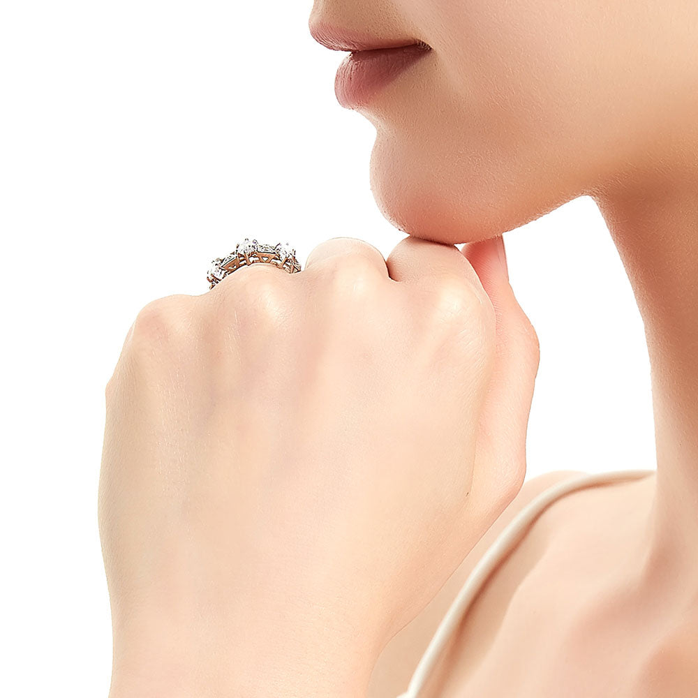 Model wearing 3-Stone Art Deco 1.35ct Marquise CZ Ring in Sterling Silver, 7 of 9