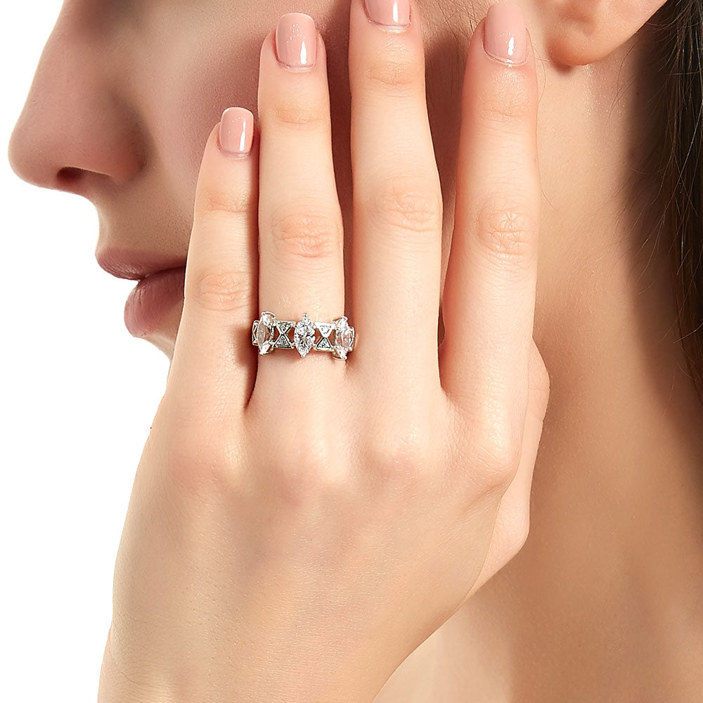 Model wearing 3-Stone Art Deco 1.35ct Marquise CZ Ring in Sterling Silver, 3 of 9