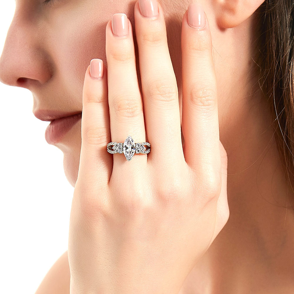 Model wearing Flower CZ Split Shank Ring in Sterling Silver, 3 of 9