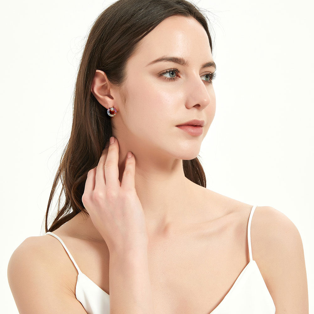 Model wearing Open Circle Star Multi Color CZ Set in Gold Flashed Sterling Silver, 13 of 15