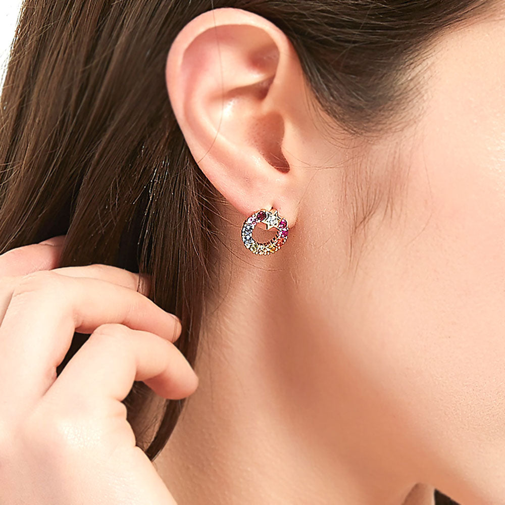 Model wearing Open Circle Star Multi Color CZ Set in Gold Flashed Sterling Silver, 12 of 15
