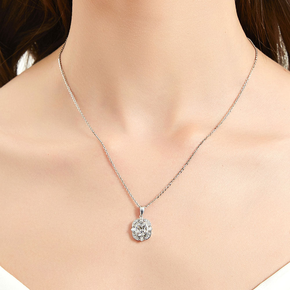 Model wearing Art Deco CZ Pendant Necklace in Sterling Silver, 2 of 7