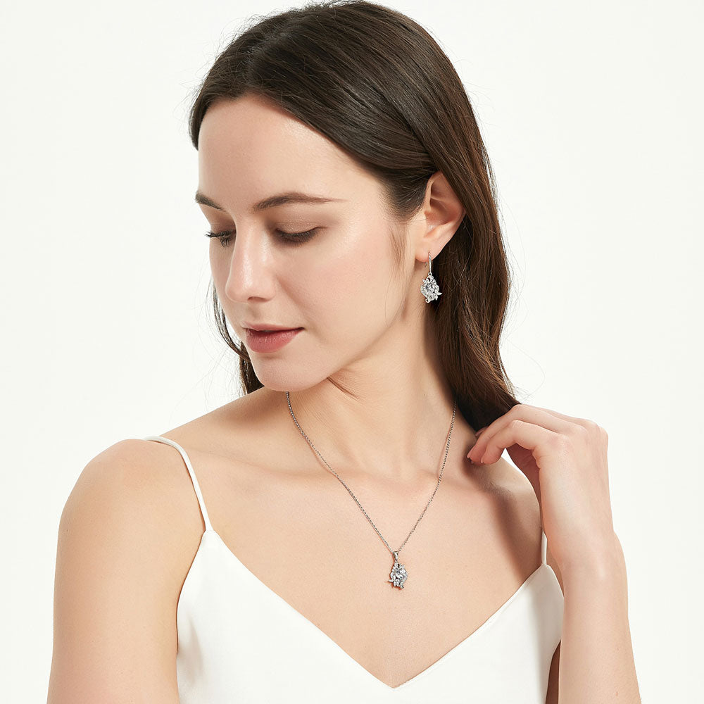 Model wearing Flower Heart CZ Necklace and Earrings Set in Sterling Silver, 3 of 9