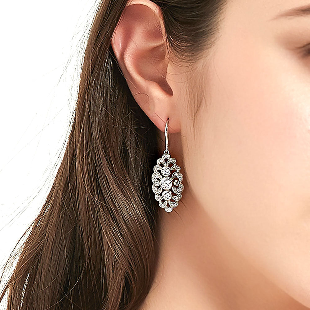 Model wearing Navette Art Deco CZ Fish Hook Earrings in Sterling Silver, 4 of 7