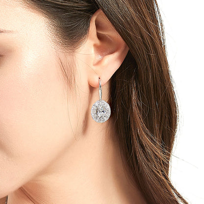 Halo Art Deco Oval CZ Leverback Earrings in Sterling Silver