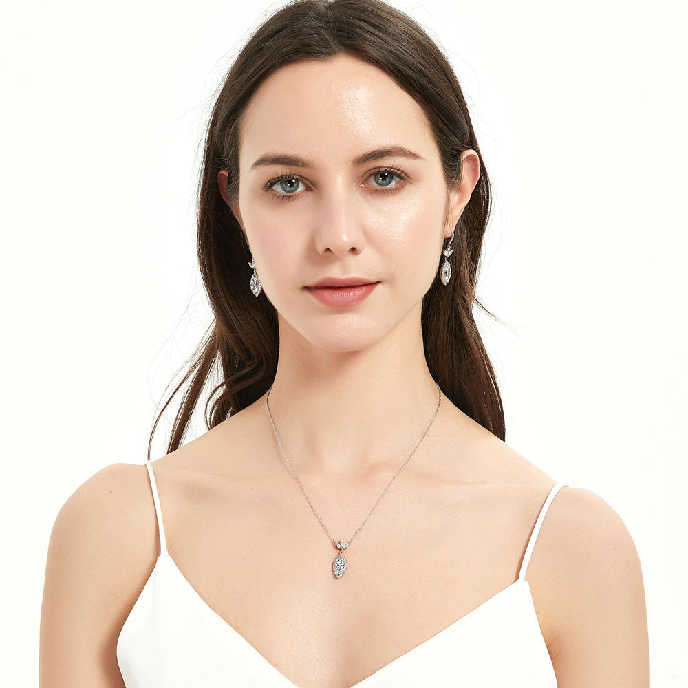 Halo Flower Marquise CZ Necklace in Sterling Silver