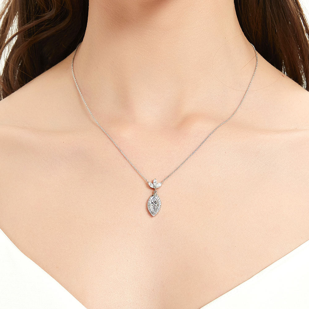 Halo Flower Marquise CZ Pendant Necklace in Sterling Silver