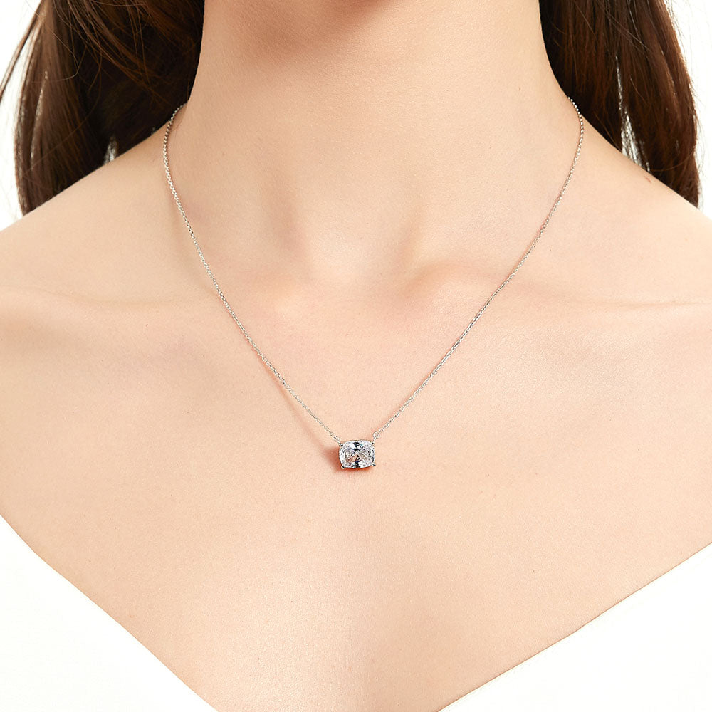 Model wearing Solitaire East-West 3.5ct Radiant CZ Necklace in Sterling Silver, 2 of 6