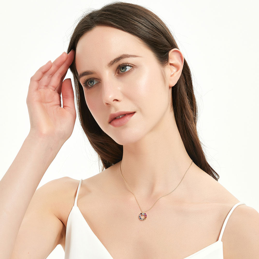Model wearing Wreath Multi Color CZ Pendant Necklace in Gold Flashed Sterling Silver, 5 of 9
