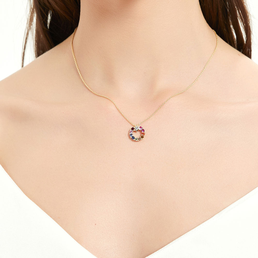 Model wearing Wreath Multi Color CZ Pendant Necklace in Gold Flashed Sterling Silver, 3 of 9