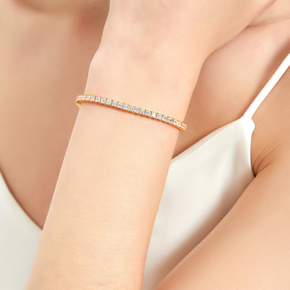 Model wearing Princess CZ Tennis Bracelet in Gold Flashed Sterling Silver, 2 of 7