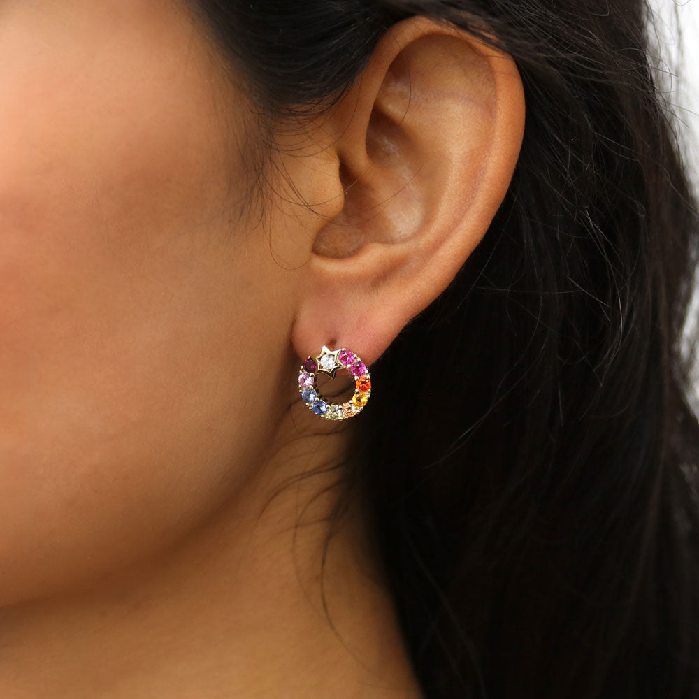 Model wearing Open Circle Star Multi Color CZ Set in Gold Flashed Sterling Silver, 7 of 15
