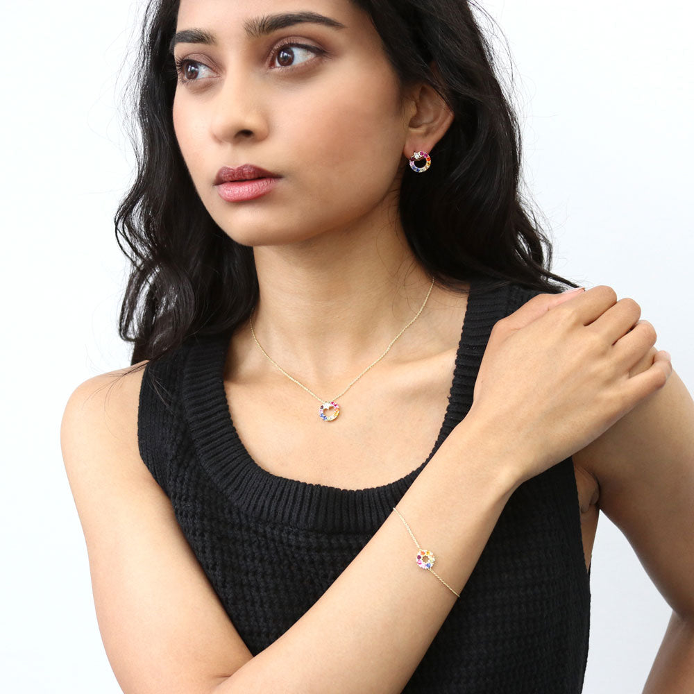 Model wearing Wreath Multi Color CZ Pendant Necklace in Gold Flashed Sterling Silver, 6 of 9